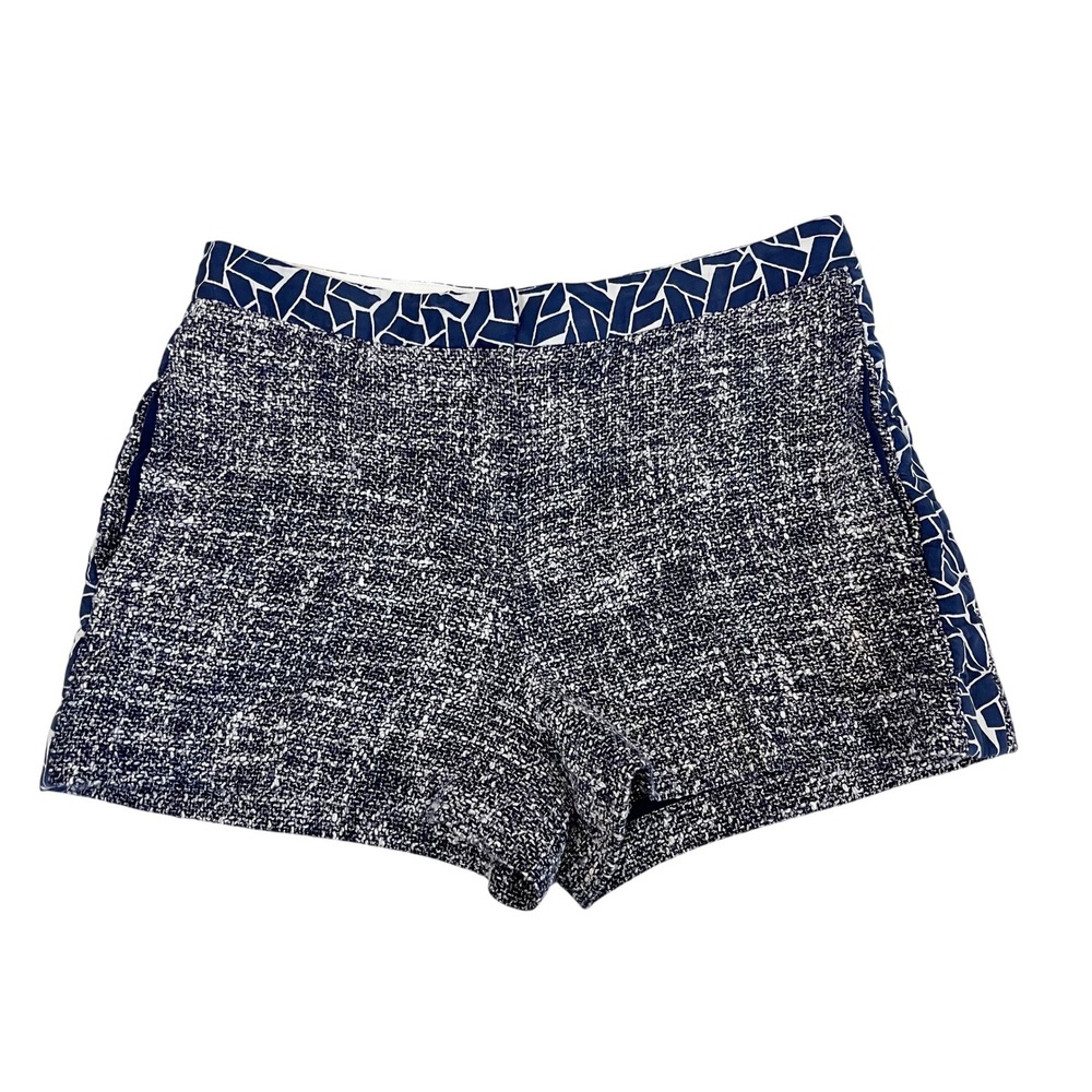 Diane von Furstenberg Navy White Tweed Silk Trim Shorts Size 6 DVF Boucle